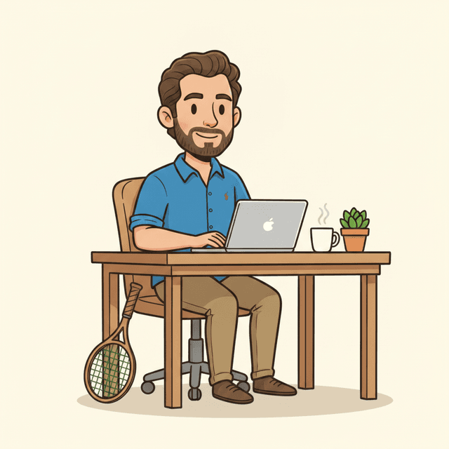 Cartoon Gregorio at a desk shipping code, a tennis racket leaning on the chair