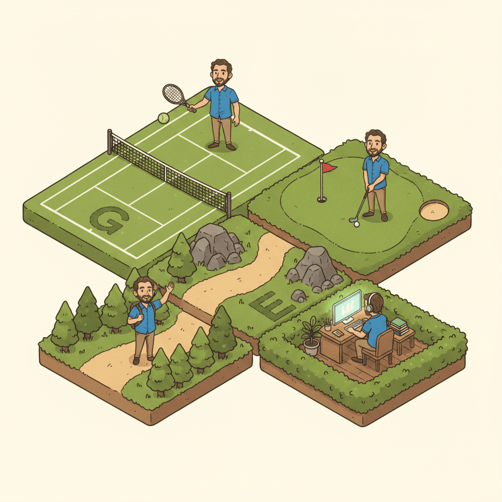 Isometric illustration of Gregorio's world: a tennis court, golf green, hiking trail, and a desk with a PC