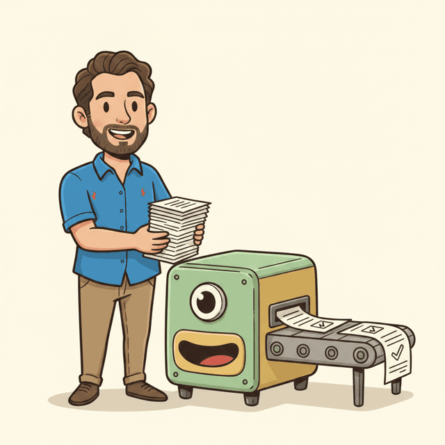 Cartoon Gregorio feeding resumes into a friendly machine