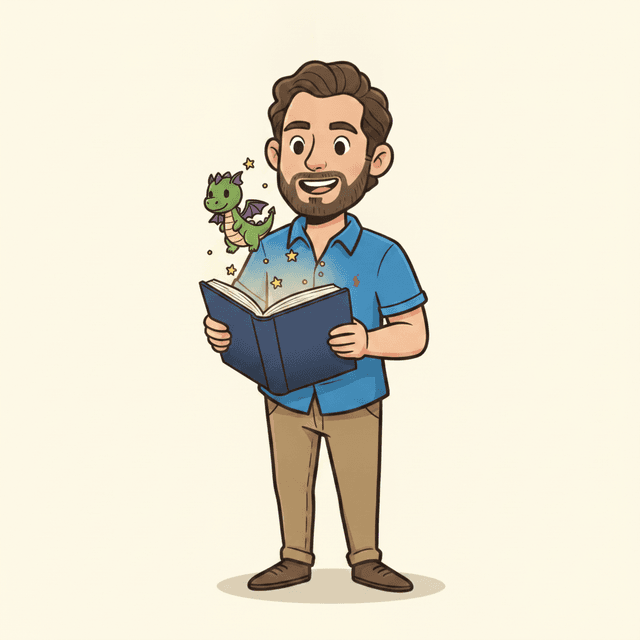 Cartoon Gregorio holding a glowing picture book