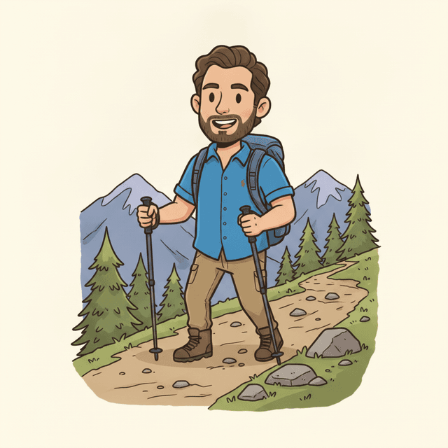 Cartoon Gregorio playing Hiking