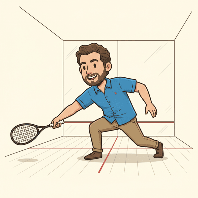 Cartoon Gregorio playing Squash